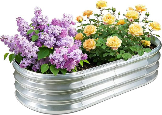 GOOZOO Galvanized Planter Raised Garden Bed, 4x2x1 ft Raised Garden Bed Kit for Gardening Outdoor, Oval Metal Land Planter Box for Vegetables, Flowers, Herbs, Fruits, Easy Assembly（Silver）
