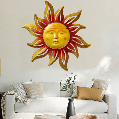 Large Size 32Inch Metal Sun Outdoor Valentine Wall Art Decor Large, Hanging for r Patio Garden Fence Yard Pool Wall Sculpture Decoration for Living Room