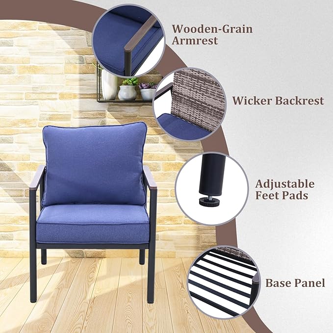 COOS BAY Sand Dune 5 Piece Wicker Patio Furniture Set, Rattan Outdoor Furniture with Nesting Tables, Chairs, Couch, Coffee Tables, and Ottoman, Brown/Blue