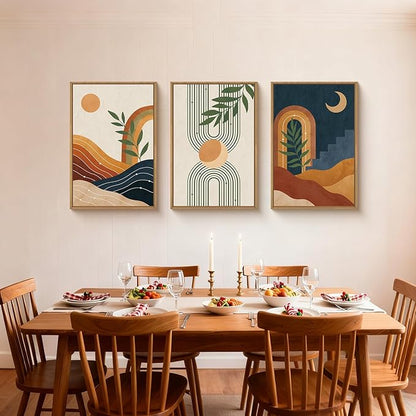 FWIEXA Vintage Boho Nature Framed Canvas Wall Art Set of 3, Minimalist Geometric Sun Moon Line Wall Prints, Abstract Green Leaf Painting,16x24In Modern Beige Navy Blue Artwork for Living Room,Bedroom