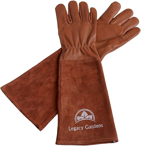 Leather Gardening Gloves for Women & Men, Long Garden Gloves, Cowhide Gauntlet Rose Pruning Thorn Resistant, Forearm Protection, Small, Brown