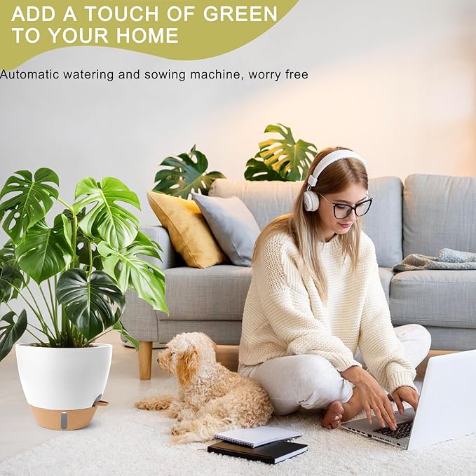 Self Watering Pots for Indoor Plants 12/10/9/8 Inch Large Plastic Self Watering Flower Pots Indoor Outdoor with Drainage Holes, Deep Reservoir,Nursery Planting Pot for Indoor Outdoor Plants White