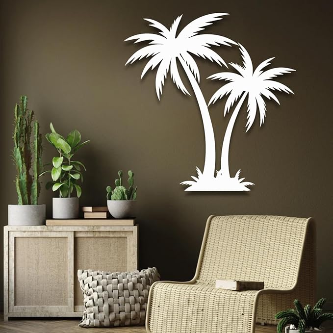 Metal Palm Tree Wall Decor,Large Tropical Palm Tree Outdoor Wall Art for Living Room,Outdoor Wall Decorations for House (70×68 cm/28"×27" in, White)