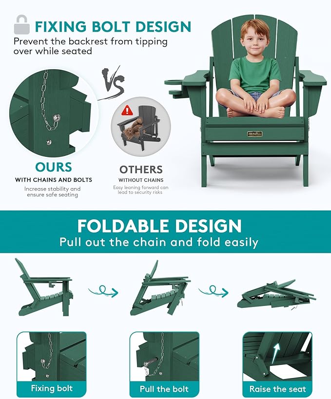 SERWALL Folding Adirondack Chair Set of 6, Painted Adirondack Chair with Cup Holder, Weather Resistant for Patio Deck Garden, Fire Pit & Lawn Furniture Porch - Green