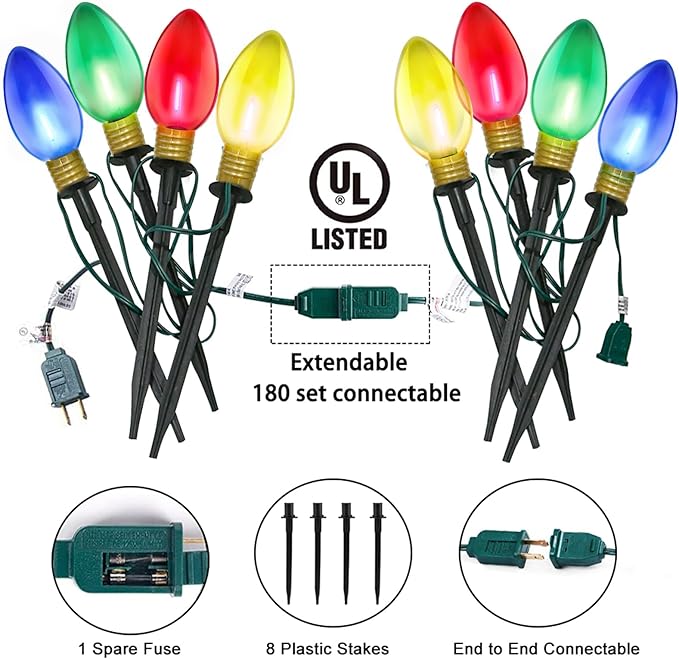 Jumbo C9 Christmas Pathway Lights Outdoor, 2Pk Total 14Ft Outdoor Christmas Decorations with 8 LED Jumbo C9 Clear Multicolor Bulbs Walkway Lights for Lawn Holiday Yard Garden Sidewalk