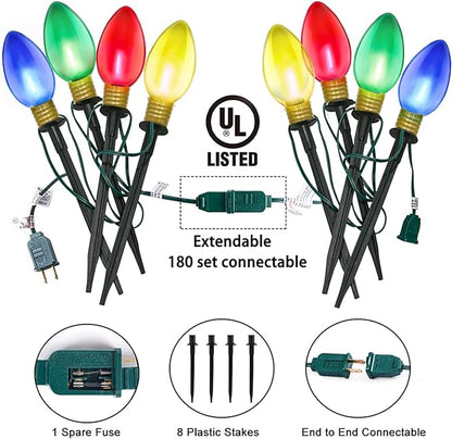 Jumbo C9 Christmas Pathway Lights Outdoor, 2Pk Total 14Ft Outdoor Christmas Decorations with 8 LED Jumbo C9 Clear Multicolor Bulbs Walkway Lights for Lawn Holiday Yard Garden Sidewalk