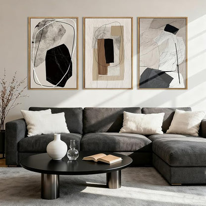 Anyzal Extra Large Abstract Neutral Framed Wall Art 24x36 Inch Black Modern Canvas Wall Decor Tan Grey Minimalist Artwork for Living Room Dining room Bedroom Set of 3