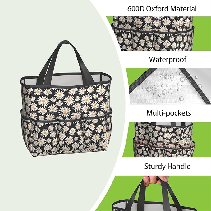 Daisy Flowers Garden Tool Bag - Waterproof Garden Tote with 8 Pockets, Large Storage Home Organizer Gardening Tool Oxford Bag for Garden Tools Kits Holder, Ideal Outdoor Gardening Gift for Women & Men