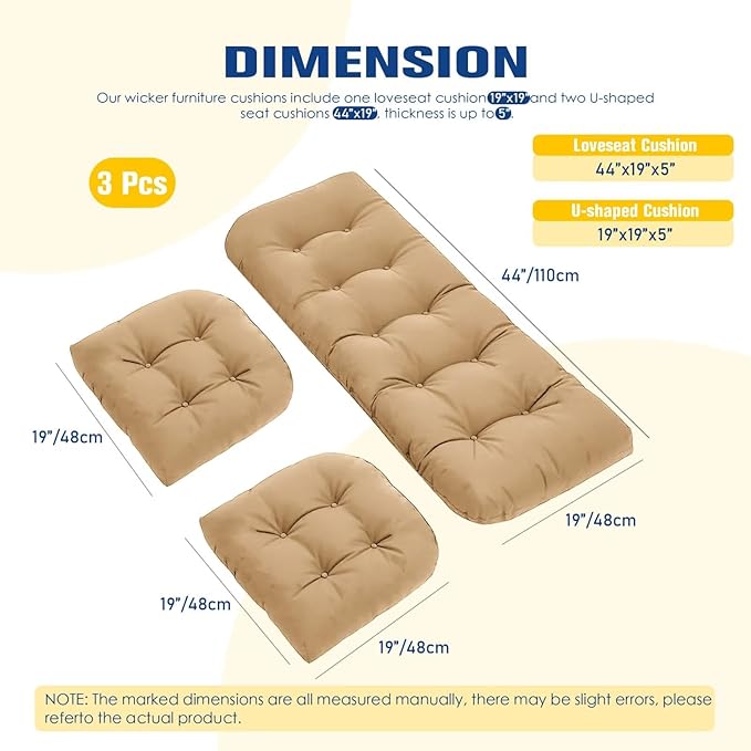 Patio Furniture Cushions Outdoor, Waterproof Wicker Chair Cushions Set of 3, 1 Loveseat & 2 Seat Pads, Thick Outdoor Replacement Cushions for Porch Lawn Bench Couch Sofa Swing, Khaki