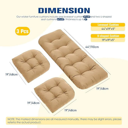Patio Furniture Cushions Outdoor, Waterproof Wicker Chair Cushions Set of 3, 1 Loveseat & 2 Seat Pads, Thick Outdoor Replacement Cushions for Porch Lawn Bench Couch Sofa Swing, Khaki