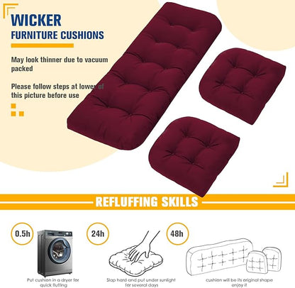 Patio Furniture Cushions Outdoor, Waterproof Wicker Chair Cushions Set of 3, 1 Loveseat & 2 Seat Pads, Thick Outdoor Replacement Cushions for Porch Lawn Bench Couch Sofa Swing, Burgundy