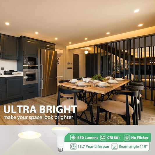8 Pack BR30 LED Bulb, Dimmable Indoor Flood Lights 7W Equivalent 65W 2700K Soft White, CRI80, 650 LM, E26 Base, 15000 Lifetime Hours, Interior Energy Saving Recessed Light Bulb, Flicker-Free