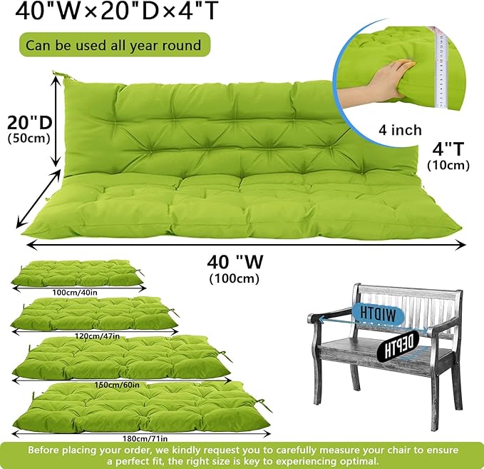 Outdoor Swing Cushions 3 Seater Waterproof, Replacement Bench Cushions for Outdoor Patio Furniture with Backrest, Porch Swing Cushion with Ties for Lawn and Garden (Grass Green, 40x40in)