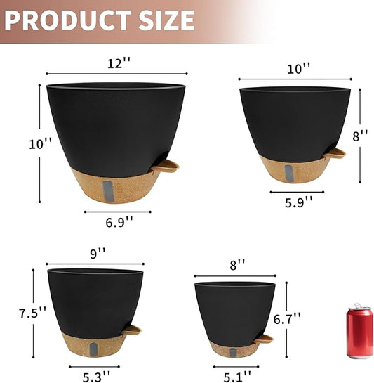 12"/10"/9"/8" Self Watering Pots with Visual Water Window,Extra Large Self Watering Plant Pots with Drainage Holes & Saucers,Black Planters for Indoor Plants,4-Pack