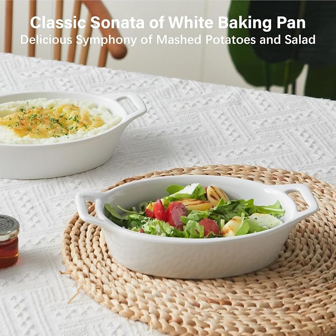 ONEMORE Oval Au Gratin Baking Dish, 20 oz Small Casserole Dishes with Handles 6x8" Ceramic Baking Pan for 1-2 People, Oven Safe for Lasagna, Pies, Individual Servings & Side Dishes, Set of 4, White