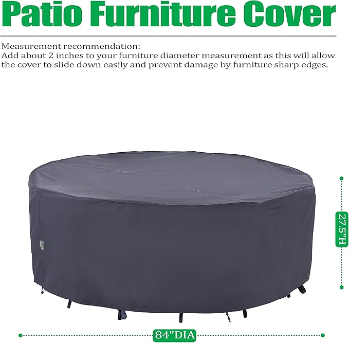 F&J Outdoor Patio Furniture Covers, Waterproof UV Resistant Heavy Duty Round Outdoor Furniture Cover, 84" Dia x 27.5" H