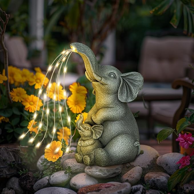 Solar Garden Outdoor Statue with 30 LED Lights - Lawn Decor Elephant Figurine for Patio, Balcony, Yard Ornament - Unique Housewarming Lucky Elephant Mother Gift