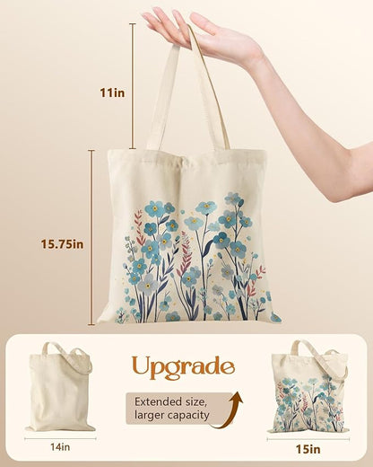 Miss Adola Canvas Tote Bag for Women – Aesthetic Canvas Bag with Zipper Cute Stylish Reusable Shoulder Totes for Shopping Work Daily Vacation, Blue Flowers