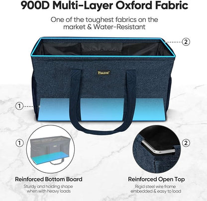 BALEINE Extra Large Utility Tote Bag with Reinforced Wire Frame, Reusable Grocery Bag for Shopping, Picnic (Blue, 22''x12''x10'')