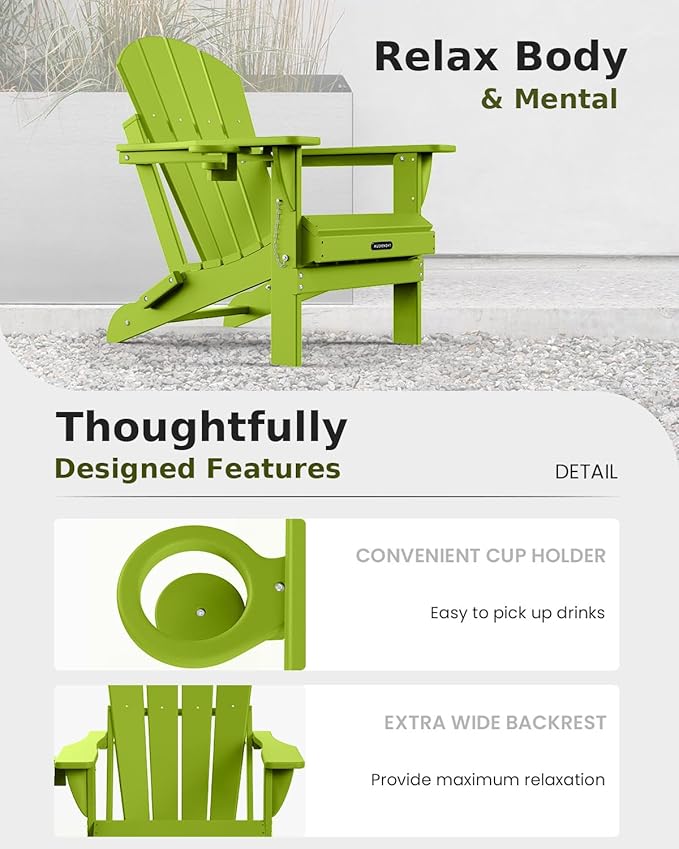 MUCHENGHY Folding Adirondack Chairs Set of 2, Patio Chairs, Lawn Chairs, Outdoor Chair, Adirondack Chair Plastic, Fire Pit, Weather Resistant with Cup Holder for Deck, Backyard, Garden(Lemon Green)