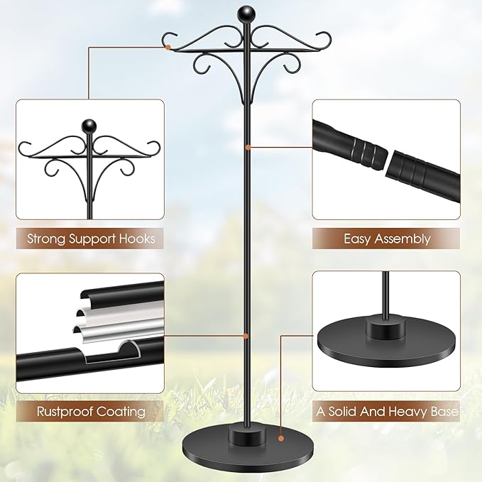 Adjustable Double Shepherd's Hook, 34-63 Inch Black Iron Stand for Indoor/Outdoor Use – Ideal for Hummingbird Feeders, Hanging Plants, Lanterns, Wind Chime