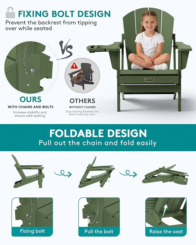 SERWALL Folding Adirondack Chair, Paito Adirondack Chairs with 4-in-1 Multi-Functional Cup Holder, Outdoor Chairs, All Weather Fire Pit Chair for Garden, Poolside, Backyard, Lawn - Army