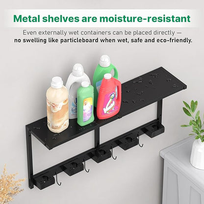 CCCEI Broom and Mop Wall Mount with Shelf, Laundry Room Cleaning Tools Organization Hanging Rack with Hooks, Bathroom, Garage, Garden Organizers and Storage. All Metal, Black, 1 Pack.