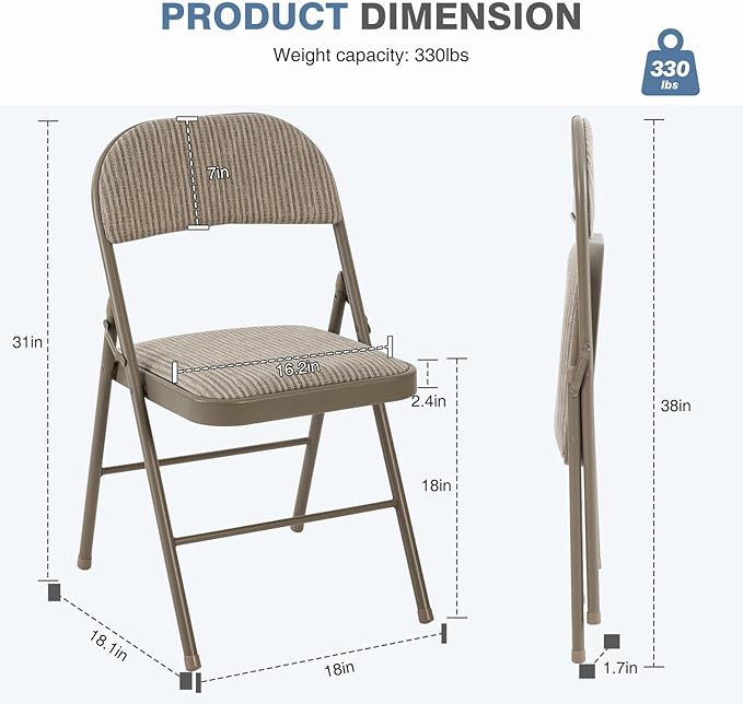 DUMOS 4 Pack Folding Chairs with Padded Cushion and Back - Fabric Stackable Portable Dining Chairs Set, for Home and Office, Conference, Wedding, Party, Patio, Garden, for Indoor Outdoor, Khaki