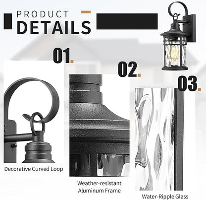 Darkaway Outdoor Wall Lights,2pcs Exterior Lighting Fixtures Wall Mount Porch Lights Waterproof Outdoor Sconce with Water Ripple Glass for House Patio Hallway Garage