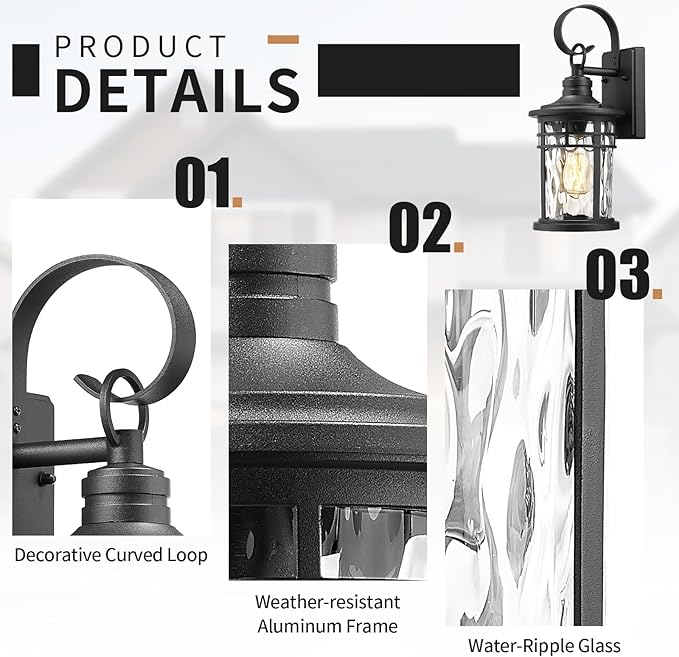 Darkaway Outdoor Wall Lights,Exterior Lighting Fixtures Wall Mount Porch Lights Waterproof Outdoor Sconce with Water Ripple Glass for House Patio Hallway Garage