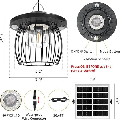 Solar Shed Lights with 2 Motion Sensors, Classic Metal Solar Chandelier Outdoor with 5 Lighting Modes, Waterproof Pendant Lamp with Remote Control for Barn, Gazebo, Garden, Patio(16.4FT Cord)