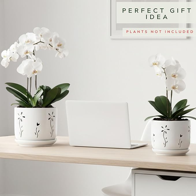 2 Pack, 5 + 6 Inch White Orchid Pots with Holes and Saucer, Ceramic Orchid Planters for Repotting with Drainage Holes and Tray, Plant Flower Pot containers for Orchid Indoor Outdoor