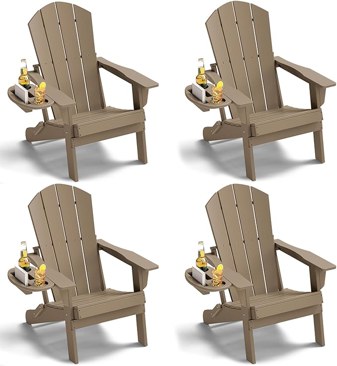 Adirondack Chair Set of 4, HDPE Folding Adirondack Chair with Multifunctional Cup Holder, Weather Resistant Fire Pit Chair for porches, patios, poolsides, Decks.