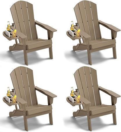 Adirondack Chair Set of 4, HDPE Folding Adirondack Chair with Multifunctional Cup Holder, Weather Resistant Fire Pit Chair for porches, patios, poolsides, Decks.