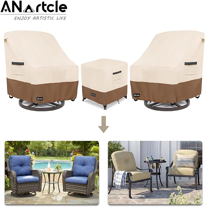 3 Pieces Patio Bistro Sets Cover,600D Waterproof Heavy Duty Patio Furniture Covers,Includes 2 Outdoor Swivel Chair Covers and 1 Patio Wicker Side Table Cover(Beige&Brown)