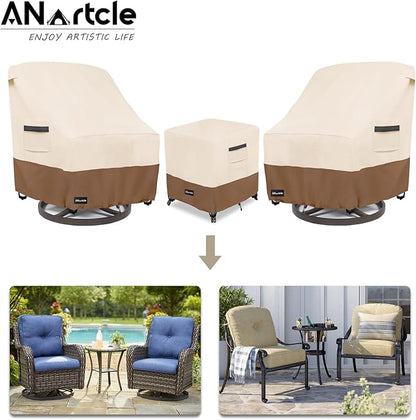3 Pieces Patio Bistro Sets Cover,600D Waterproof Heavy Duty Patio Furniture Covers,Includes 2 Outdoor Swivel Chair Covers and 1 Patio Wicker Side Table Cover(Beige&Brown)