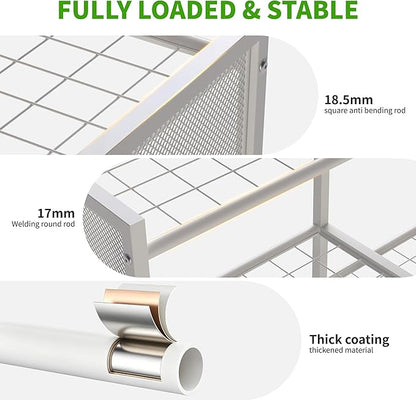 HOTEAGLE Yard Tool Organizer for Garage 35.4" Width High Stability Outdoor Metal Utility Rolling Cart with Mute Wheels, 18.5mm Thick Rods Ideal Garden Tool Rack, Easy to Clean,White