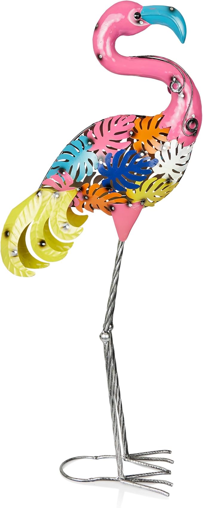 Alpine Corporation LYT276 Outdoor Metal Colorful Art Decor Palm Leaf Body Flamingo for Garden, Patio, Lawn, or Porch, 31" Tall, Multicolor