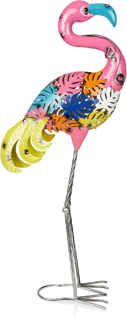 Alpine Corporation LYT276 Outdoor Metal Colorful Art Decor Palm Leaf Body Flamingo for Garden, Patio, Lawn, or Porch, 31" Tall, Multicolor