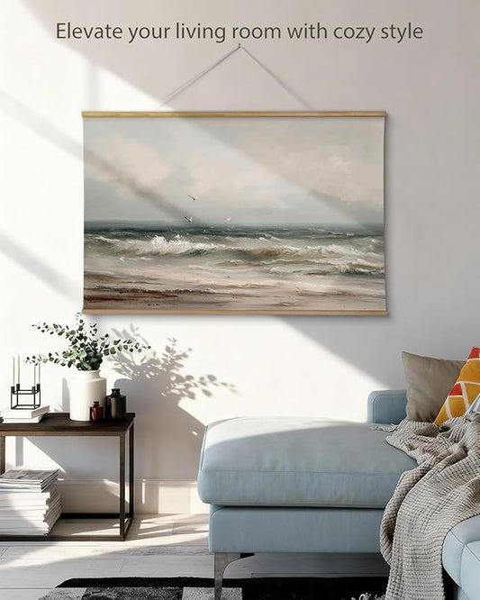 ARPEOTCY Extra Large Vintage Framed Wall Art, 36x54 Inch Coastal Ocean Gulls and the Sea Hanging Canvas Prints Scroll Wall Art Decor for Living Room Bedroom, Retro Scenery Pictures Above of Bed