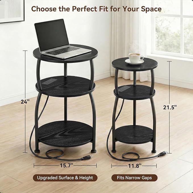 Round Side Table with Power Outlet & USB Ports, 3-Tier End Table with Storage Shelf, 15.7" Wide Nightstand for Small Spaces, Tall Bedside Table Capable of Charging Laptops & Phones, Black