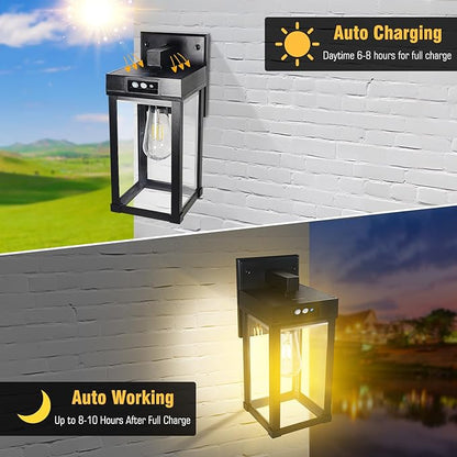 Solar Wall Lights Outdoor, Solar Sconce Lantern with 3 Lighting Modes & Motion Sensor, Porch Light Fixture Outside Waterproof with Clear Panel for Garage Yard Front Door Shed (2 Pack)