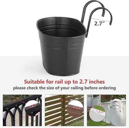 Dahey 10.5 Inch Metal Iron Hanging Flower Pots for Railing Fence Hanging Bucket Pots Countryside Style Window Flower Plant Holder with Detachable Hooks Home Decor,Black,3 Pcs