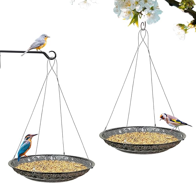 CQAIRIOU Upgraded Hanging Bird Feeder Tray (2 Sets),11.8” Stainless Steel Large Platform Open Bird Seed Tray for Outside Wild Birds
