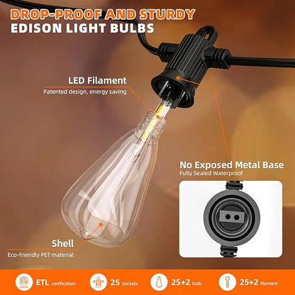 Kawaya 50FT Outdoor String Lights - Outside LED Patio Light with 25+2 Shatterproof Vintage Edison Bulbs - 2700K Dimmable IP65 Waterproof Hanging Lighting for Yard Porch Deck Balcony Bistro Cafe Party