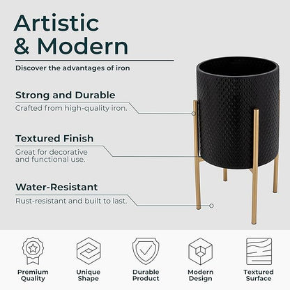 Set of 2 Metal Decorative Planter Pot with Gold Stand – Outdoor & Indoor Plant Pot with Embossed Textured Finish – Modern Garden & Home Decor Iron Planters – 23" & 19", Black