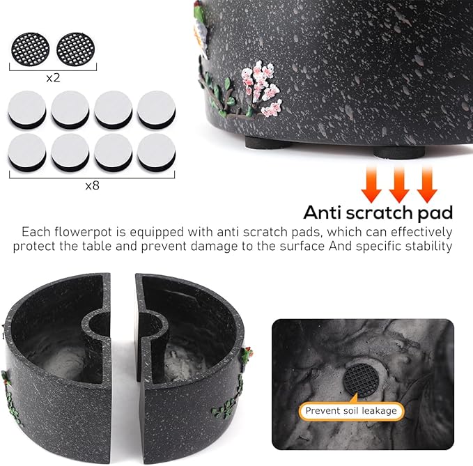 Patio Umbrella Planter 2 pcs Wrap Around Umbrella Planter with Umbrella Hole Half Round Flower Pot Black Outdoors with Drainage Holes（11.41 * 11.41 * 4.72inch） On Patio Table