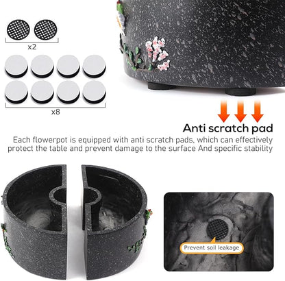Patio Umbrella Planter 2 pcs Wrap Around Umbrella Planter with Umbrella Hole Half Round Flower Pot Black Outdoors with Drainage Holes（11.41 * 11.41 * 4.72inch） On Patio Table