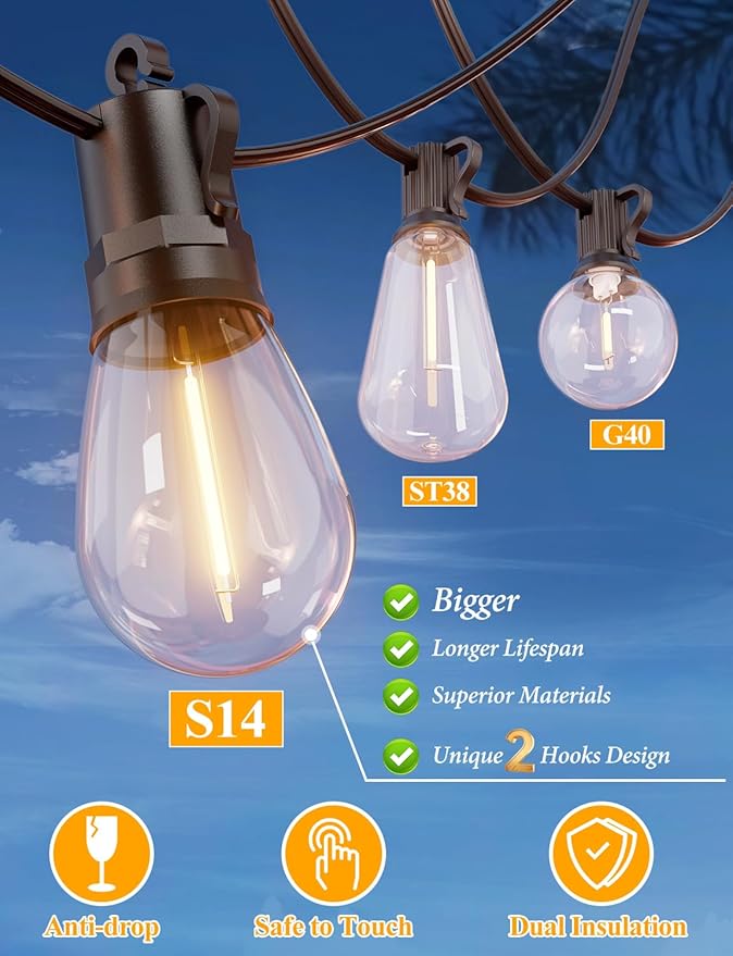 Brightever Outdoor String Lights Waterproof, 200FT Extra-Long LED Patio Lights with 62 Shatterproof S14 LED Bulbs, Vintage Edison String Lights for Outside, 2700K Warm White Deck Lights for Party