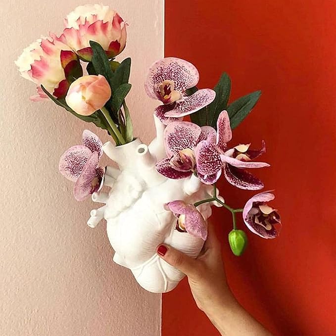 Resin Vase Planter, Decorative Heart Vase - Anatomical Heart Tabletop Decorative Craft, Farmhouse Living Room Bedroom Countertop (White,Large)